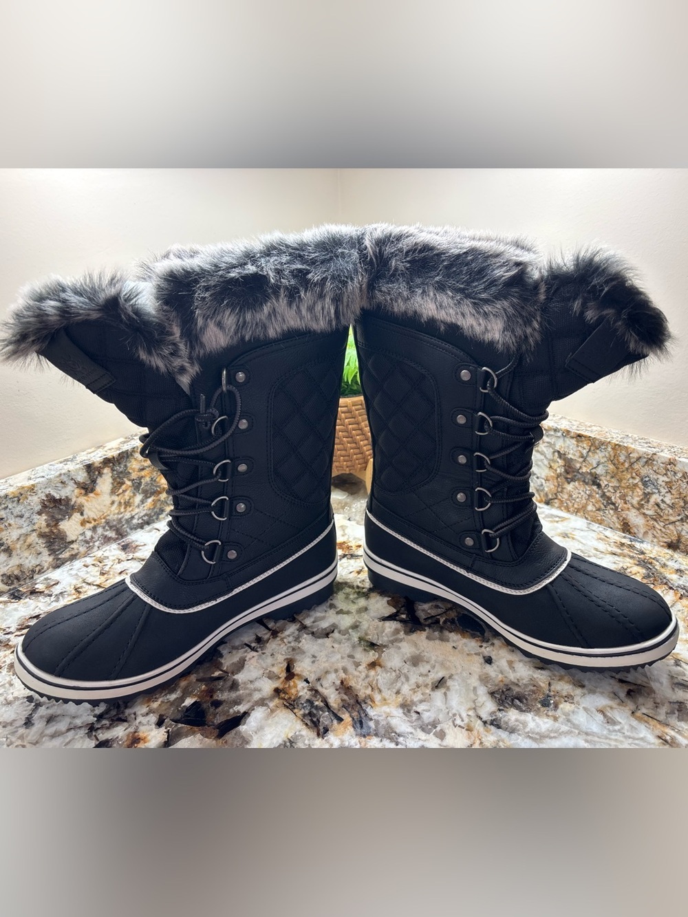 Global Win Black Faux Fur-Trim Winter Lace-Up Boots